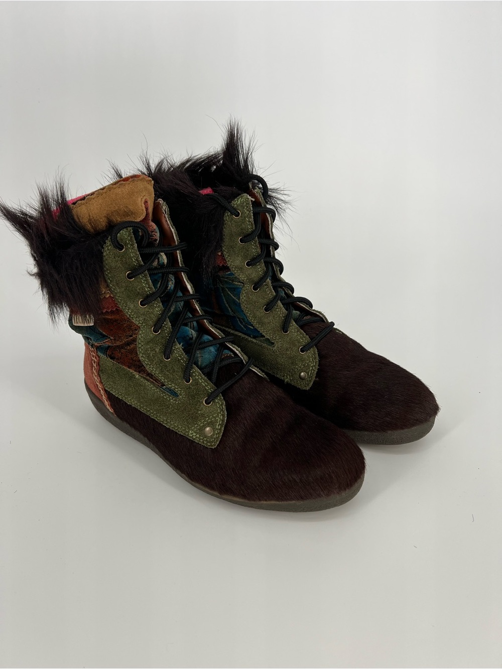 Tecnica Made in Italy Patchwork Suede Calf Hair Fur Lace Up Boots US 10 Boho